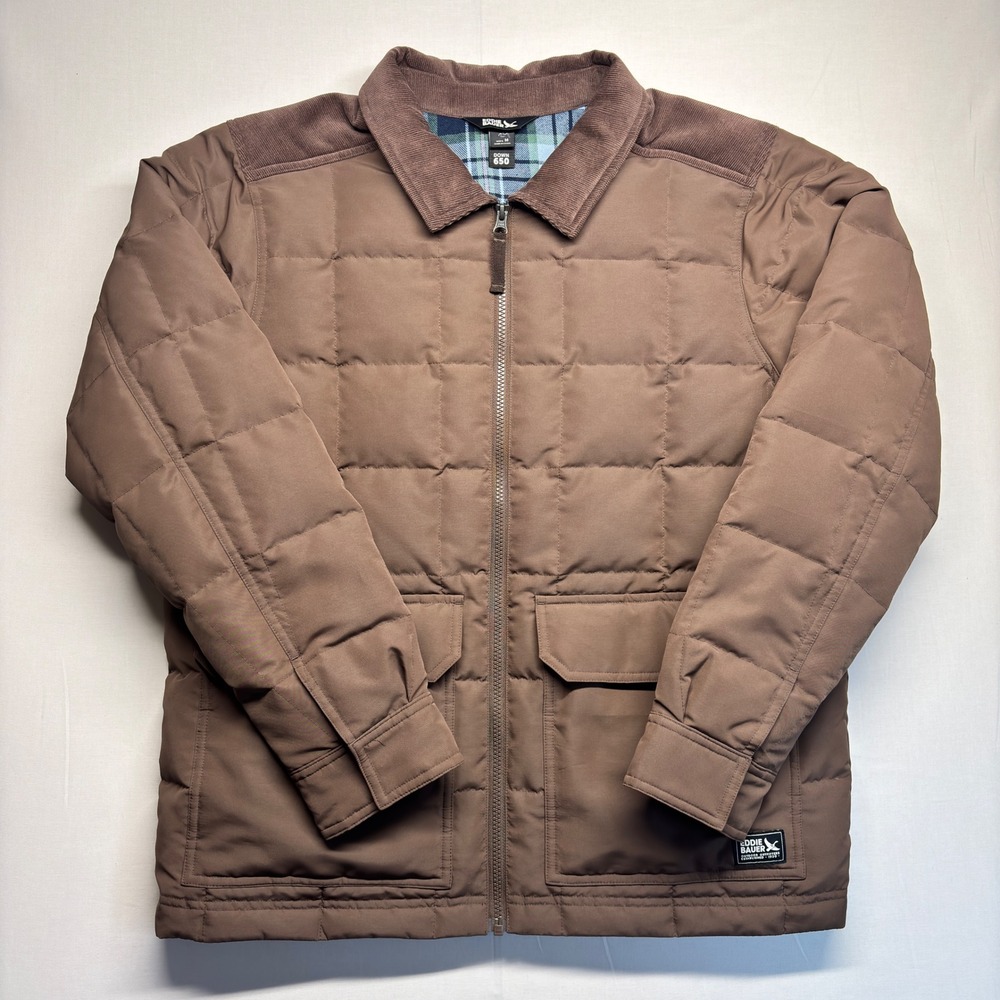 Eddie Bauer Mens Brown 650 Down Quilted Jacket Corduroy Trim Flannel Lined M